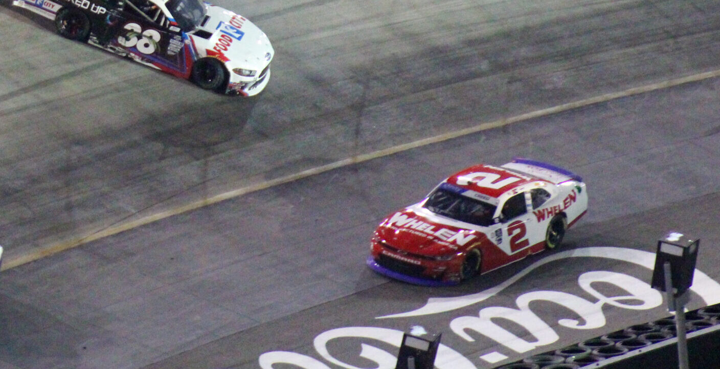 Sheldon Creed navigates past the spinning Joe Graf Jr. during the 2023 Xfinity Bristol Night Race