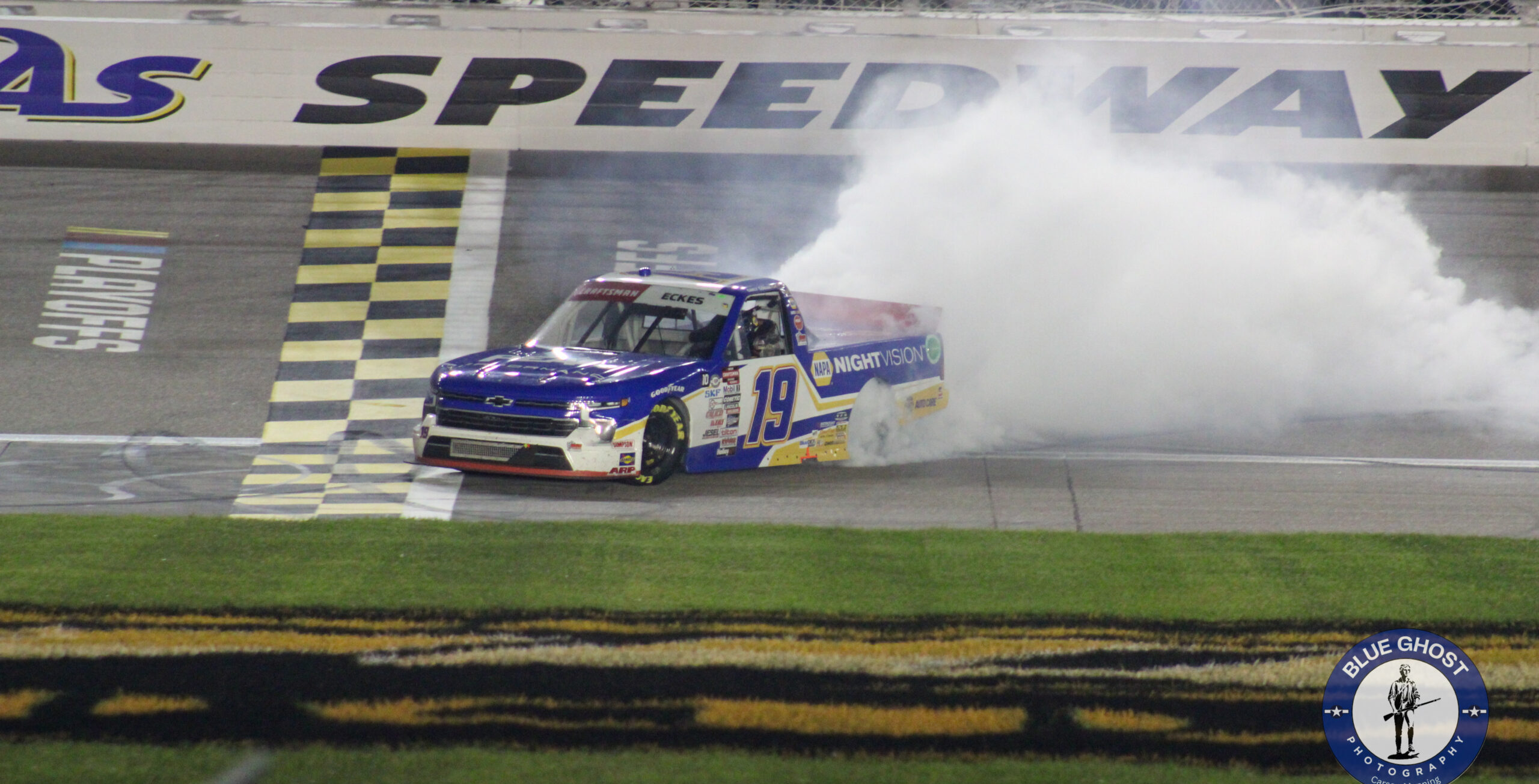 Christian Eckes doing a burnout after winning the 2023 Fall Kansas Truck race
