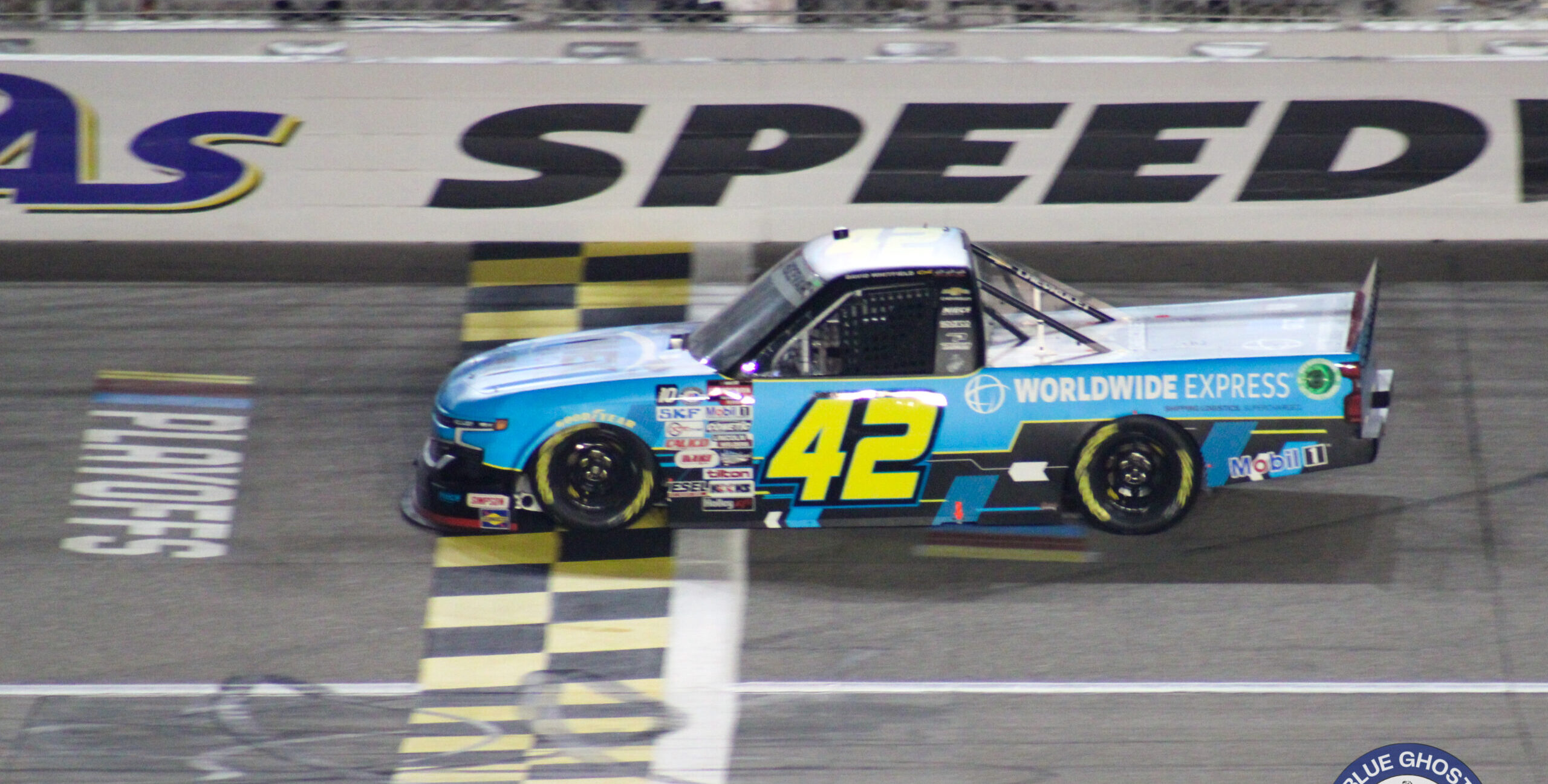 Carson Hocevar crosses the start/finish line during the 2023 Fall Kansas Truck race