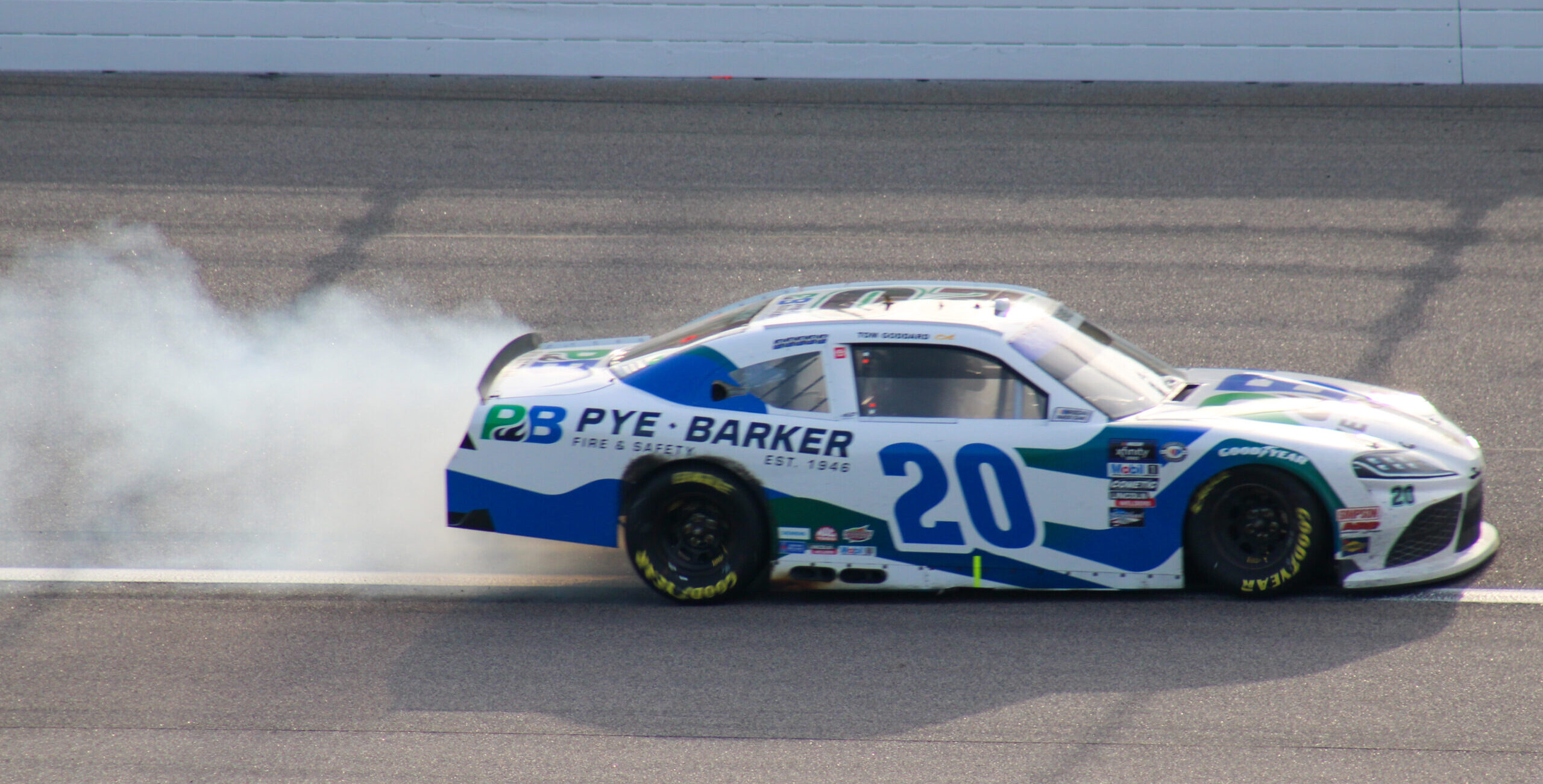 John Hunter Nemechek doing a burnout after winning the 2023 Xfinity Fall Kansas race