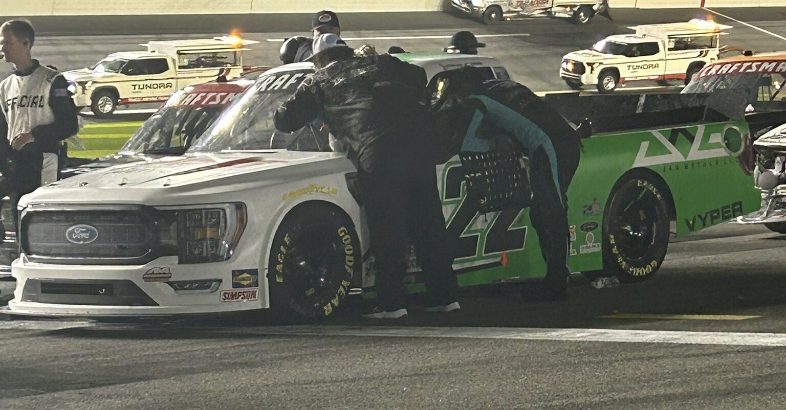 Josh Reaume and his 22 truck during a delay in the 2023 Truck race at Daytona