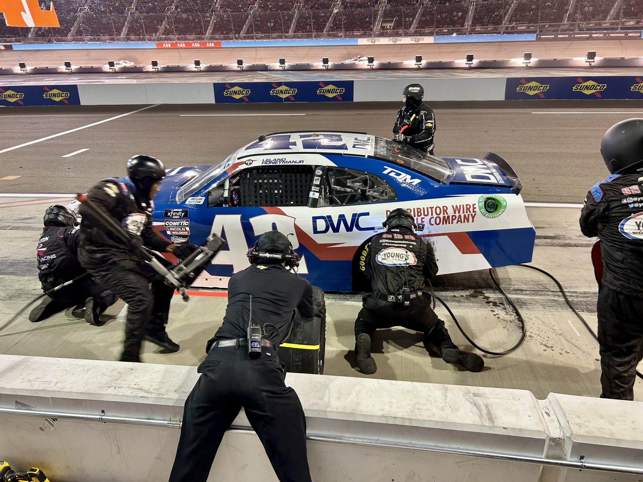 Leland Honeyman hits the pits in his No. 42 Young's Motorsports Chevy Camaro.
