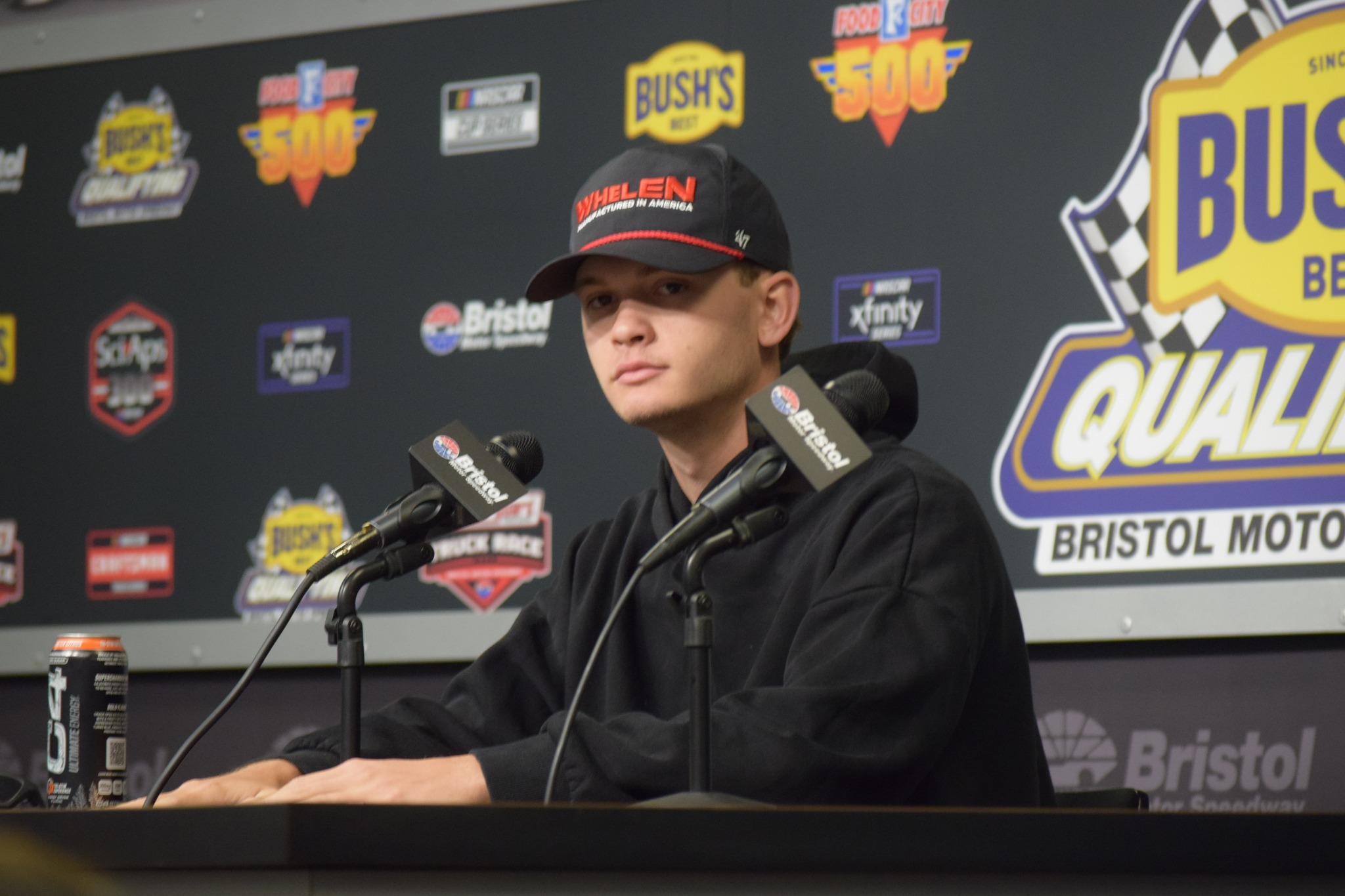 Jesse Love answers questions for the media at Bristol Motor Speedway.