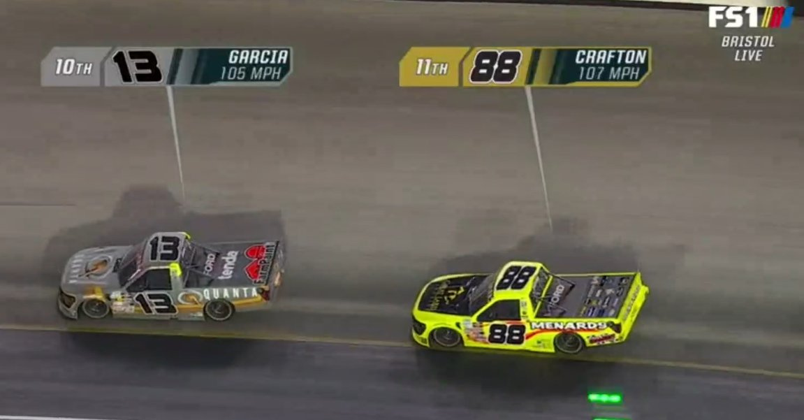 Jake Garcia racing hard with Matt Crafton at Bristol Motor Speedway. (Photo Credit: Steven Taranto | X)